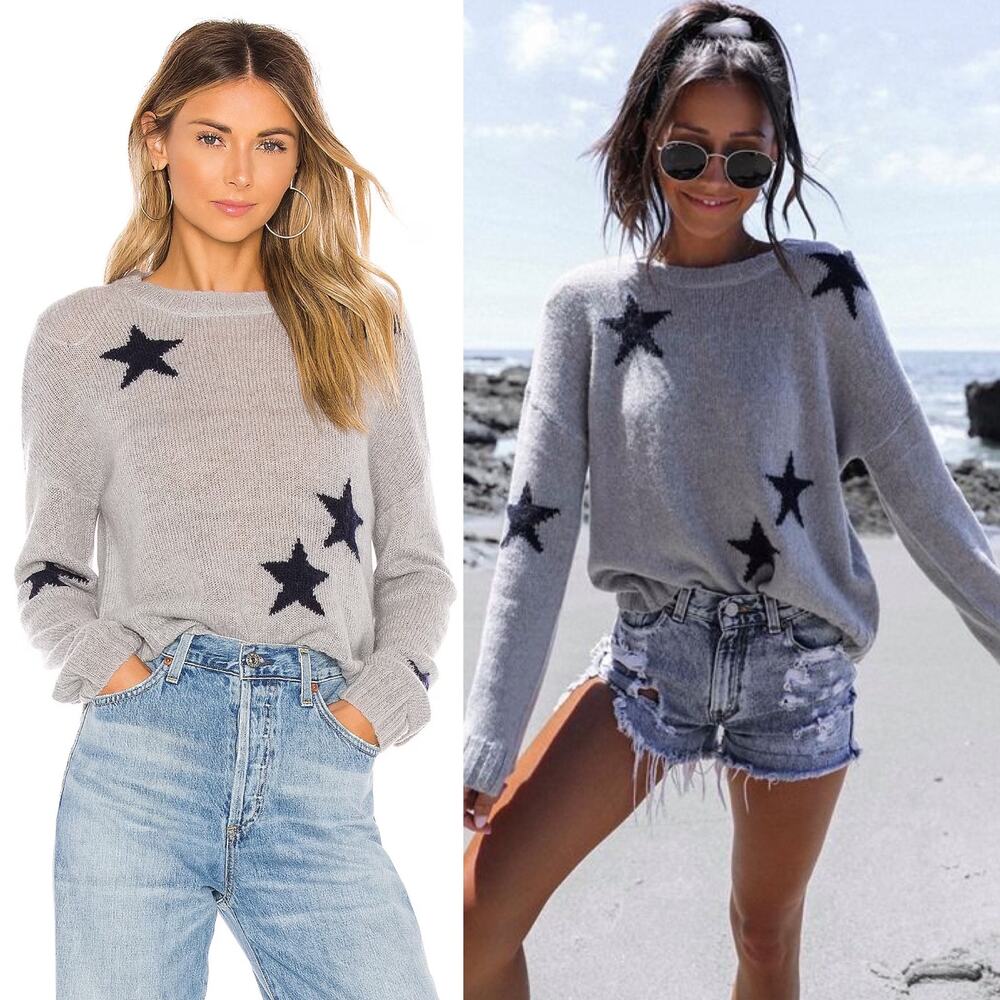 Rails Perci Knit Crewneck Long Sleeve Sweater Light Gray Navy Blue Star Medium